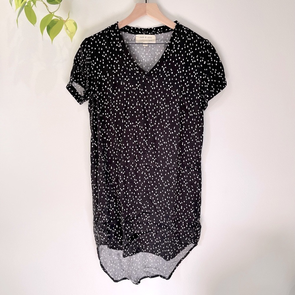 Cloth & Stone Tunic Dress XS Black White Dot 100% Rayon Short Sleeve